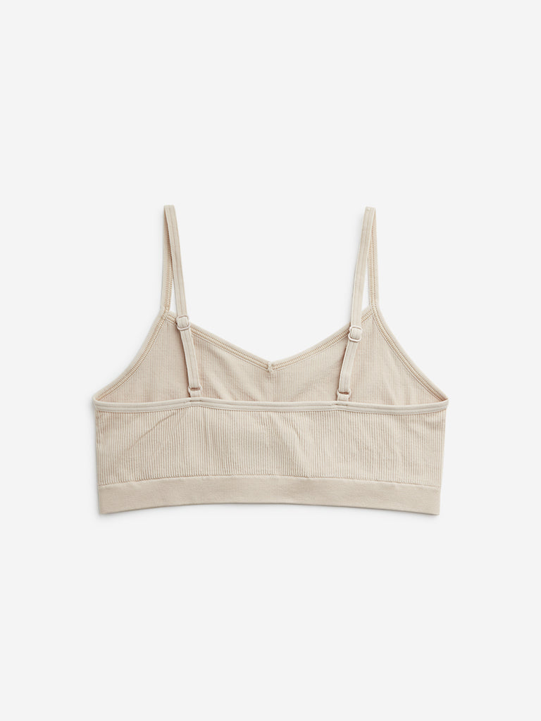 Y&F Kids Beige Ribbed-Textured Cotton Blend Crop Top