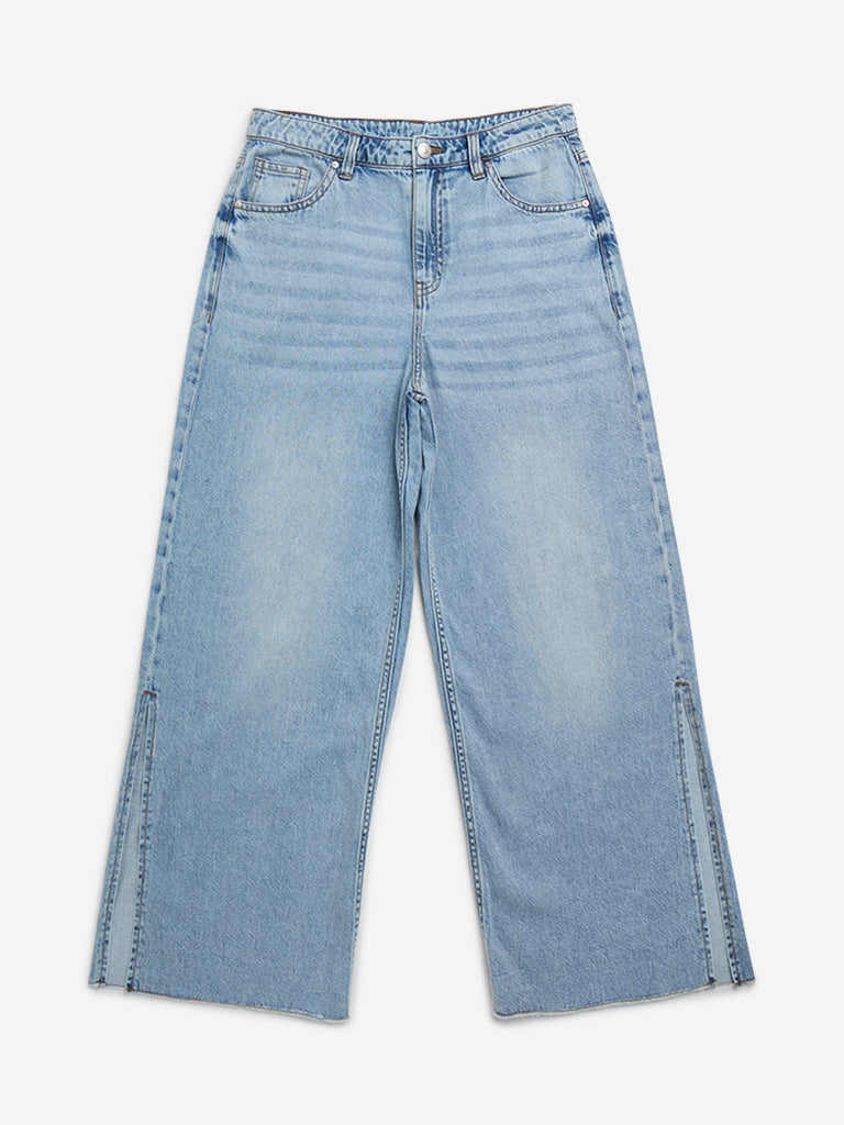 Y&F Kids Light Blue Slit-Cut Wide - Leg Fit High - Rise Jeans