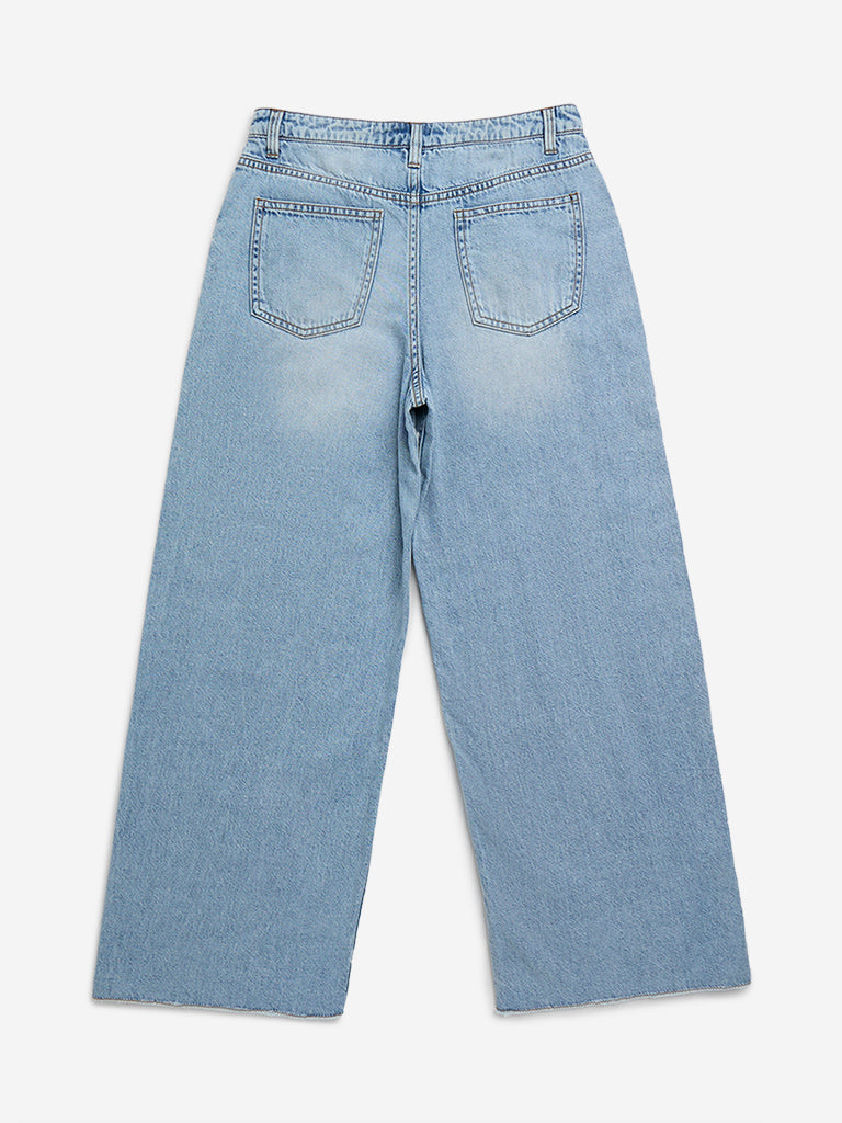 Y&F Kids Light Blue Slit-Cut Wide - Leg Fit High - Rise Jeans