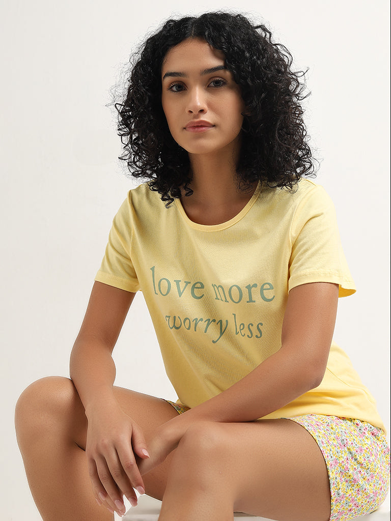 Wunderlove Yellow Text Design Cotton T-Shirt