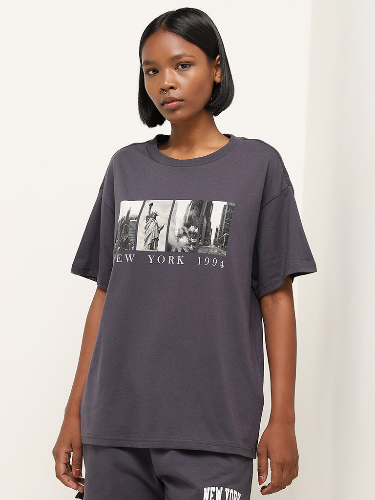 Superstar Dark Grey Cityscape Oversized Cotton T-Shirt