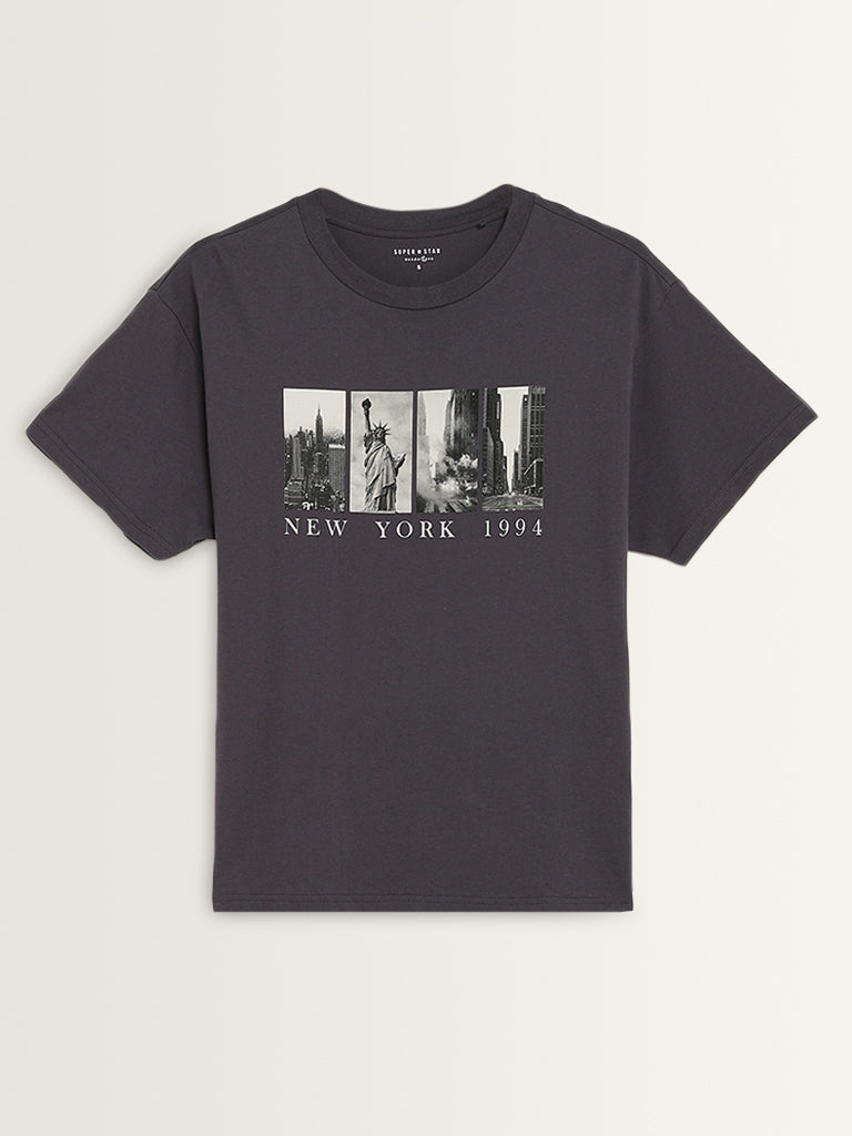 Superstar Dark Grey Cityscape Oversized Cotton T-Shirt