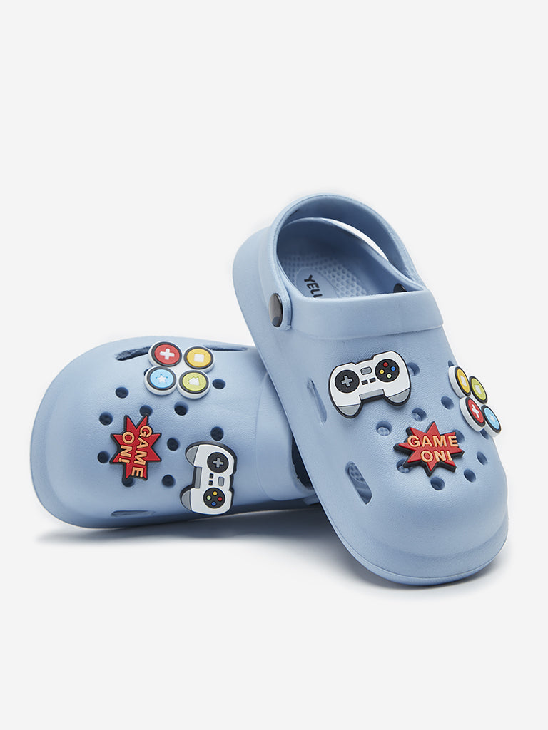 Yellow Blue Video Game Applique Clogs