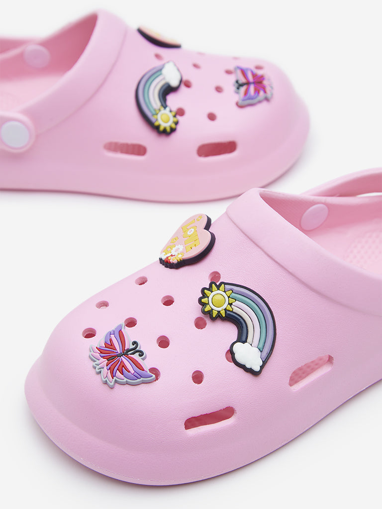 Yellow Kids Light Pink Applique-Design Clogs