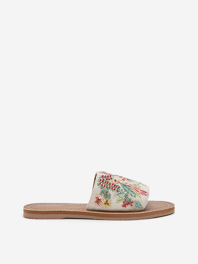 LUNA BLU Beige Floral Embroidered Slides