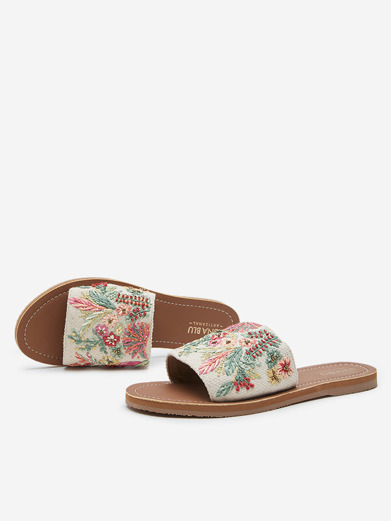 LUNA BLU Beige Floral Embroidered Slides