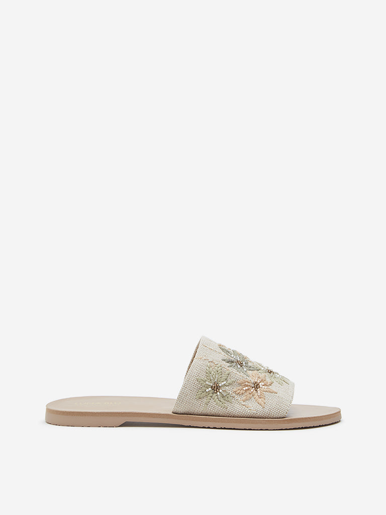 LUNA BLU Beige Floral Embroidered Slides