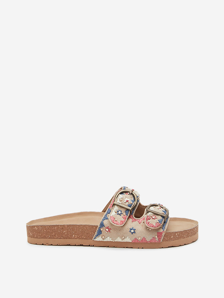 LUNA BLU Beige Embroidered Slides