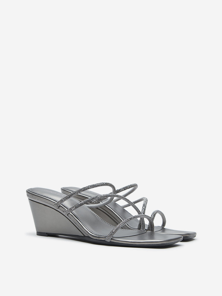 LUNA BLU Grey Diamante Detailed Wedge Sandals