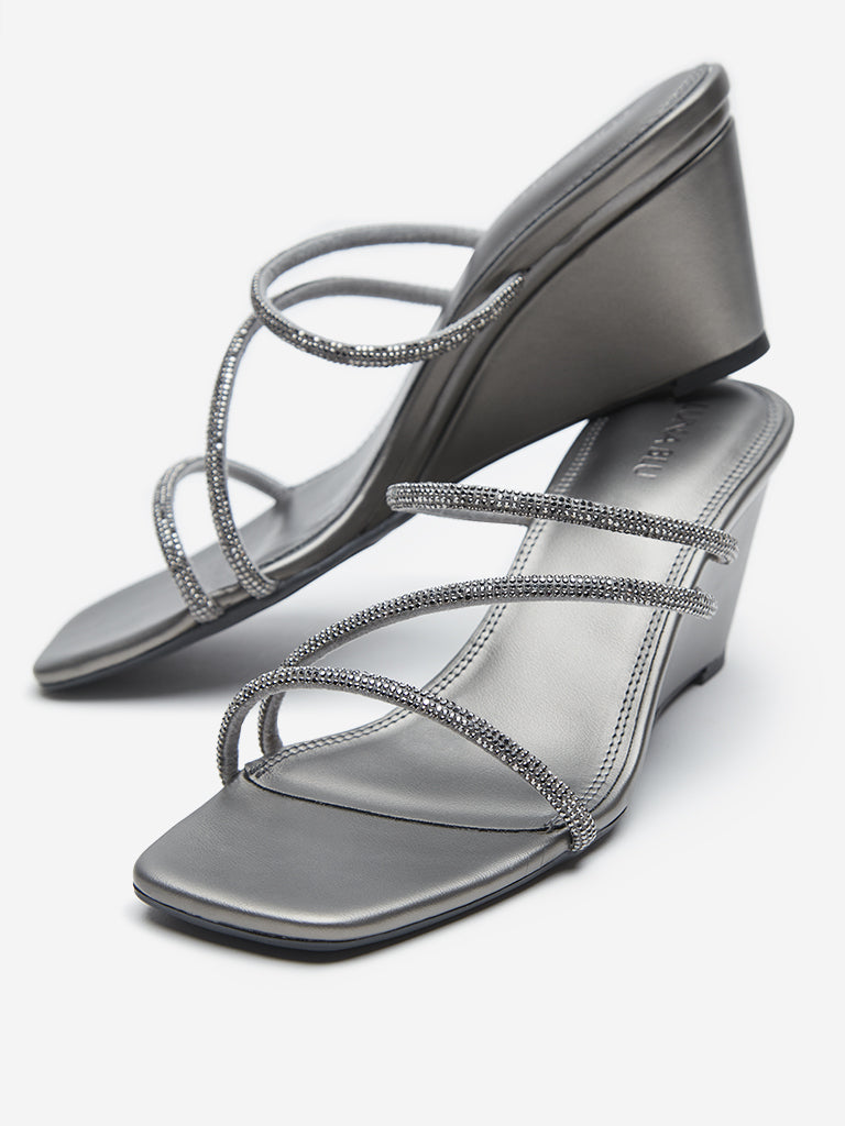 LUNA BLU Grey Diamante Detailed Wedge Sandals