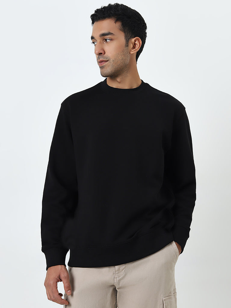 WES Casuals Black Solid Relaxed-Fit Cotton Blend Sweatshirt