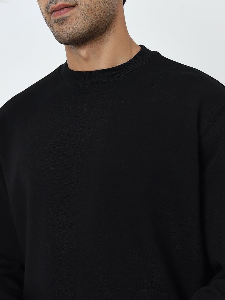 WES Casuals Black Solid Relaxed-Fit Cotton Blend Sweatshirt