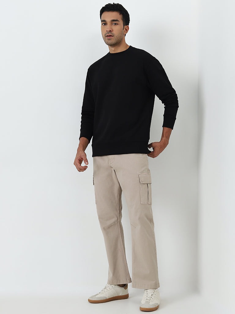 WES Casuals Black Solid Relaxed-Fit Cotton Blend Sweatshirt