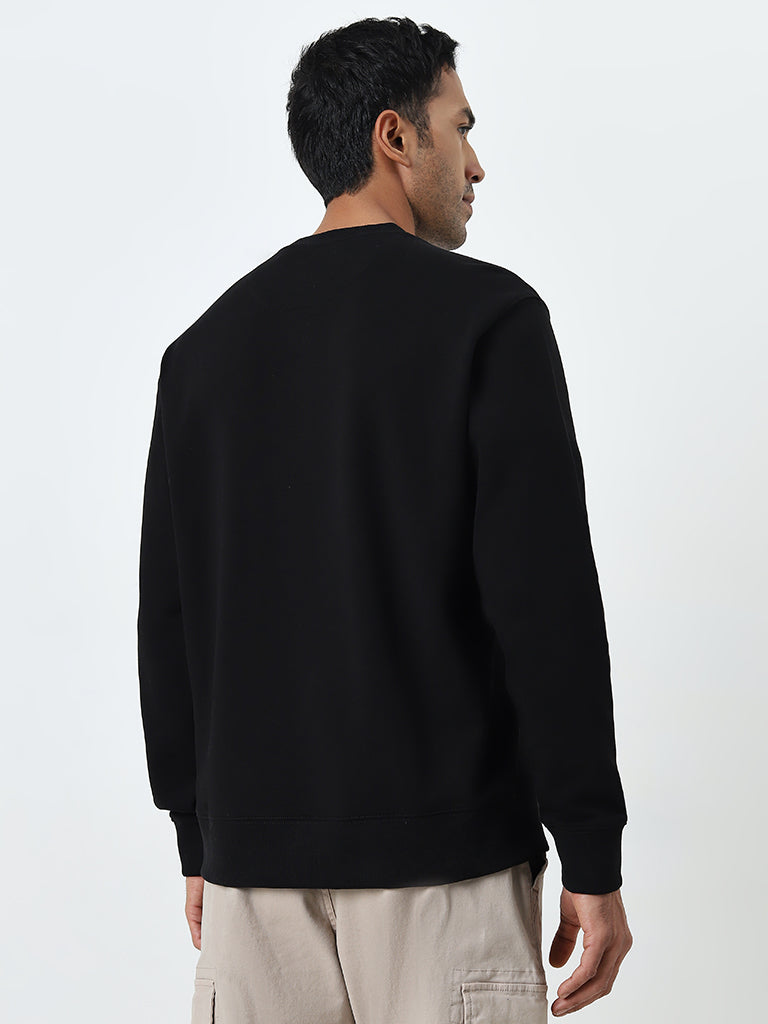 WES Casuals Black Solid Relaxed-Fit Cotton Blend Sweatshirt