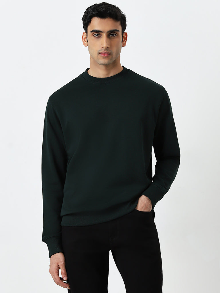 WES Casuals Dark Green Relaxed-Fit Cotton Blend Sweatshirt