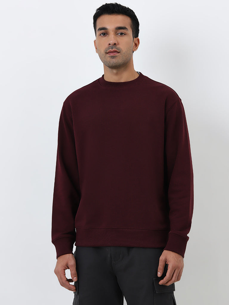 WES Casuals Burgundy Relaxed Fit Cotton Blend Sweatshirt