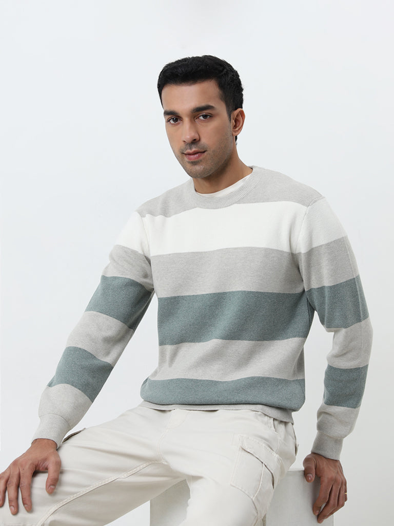 WES Casuals Multicolour Striped Slim-Fit Sweater