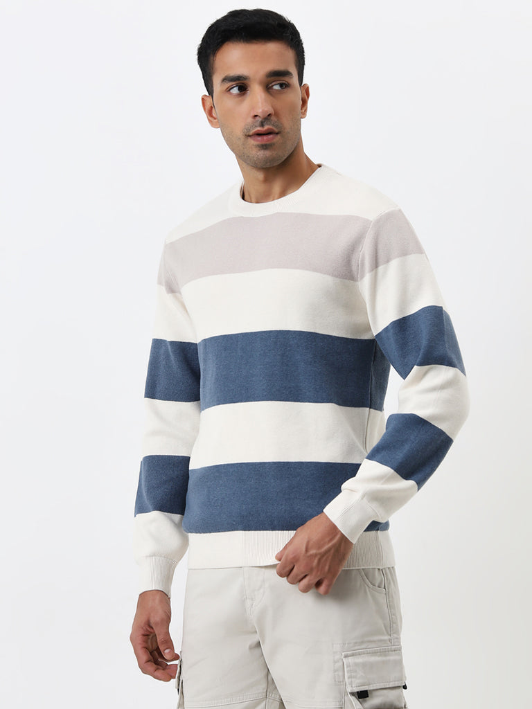 WES Casuals Blue Colour-Blocked Slim-Fit Sweater