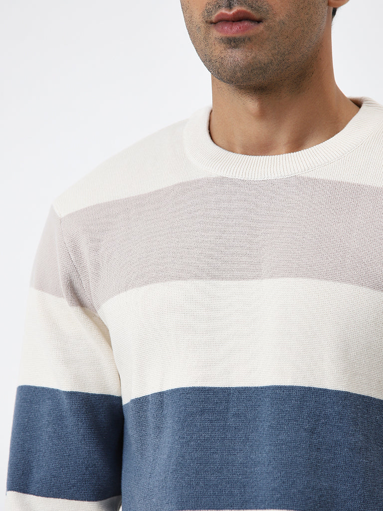 WES Casuals Blue Colour-Blocked Slim-Fit Sweater