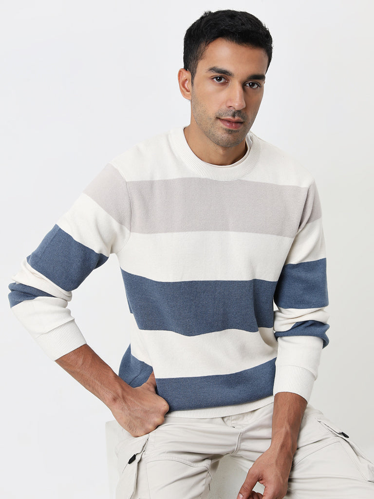 WES Casuals Blue Colour-Blocked Slim-Fit Sweater