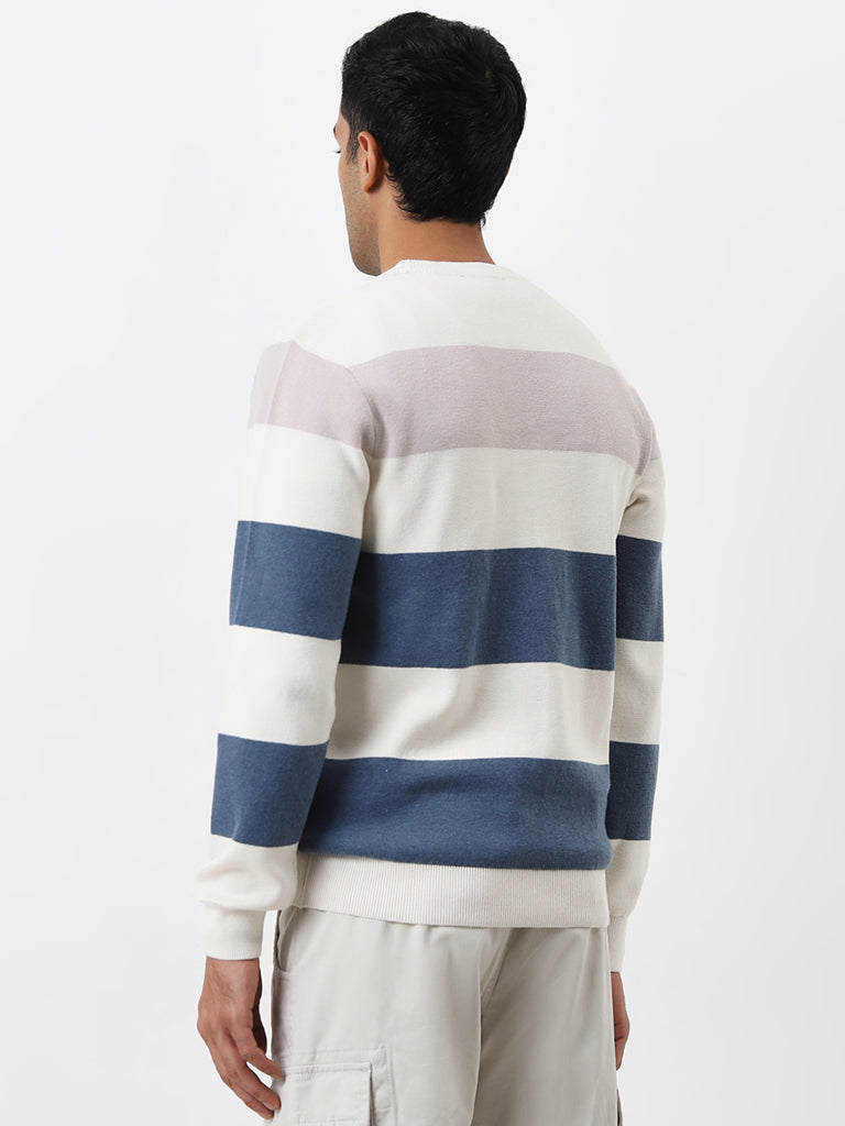 WES Casuals Blue Colour-Blocked Slim-Fit Sweater