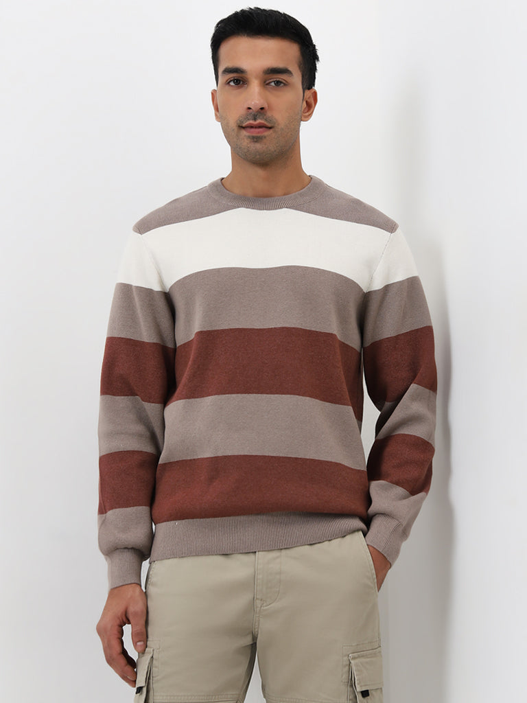 WES Casuals Rust Colour-Blocked Slim-Fit Sweater