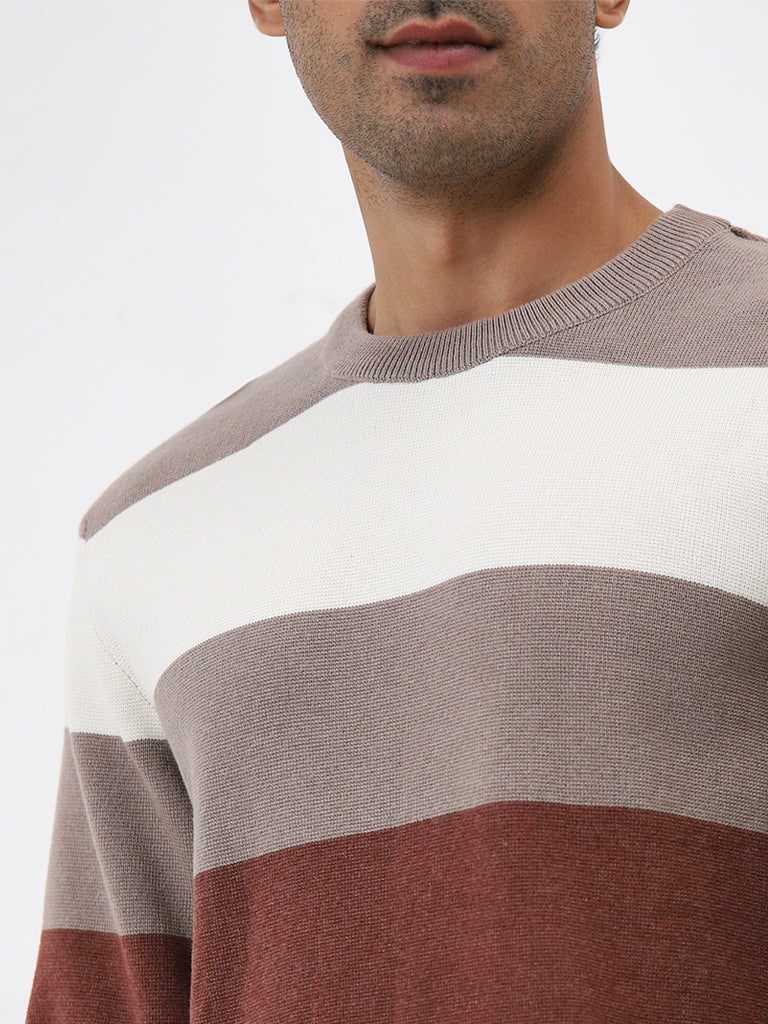 WES Casuals Rust Colour-Blocked Slim-Fit Sweater