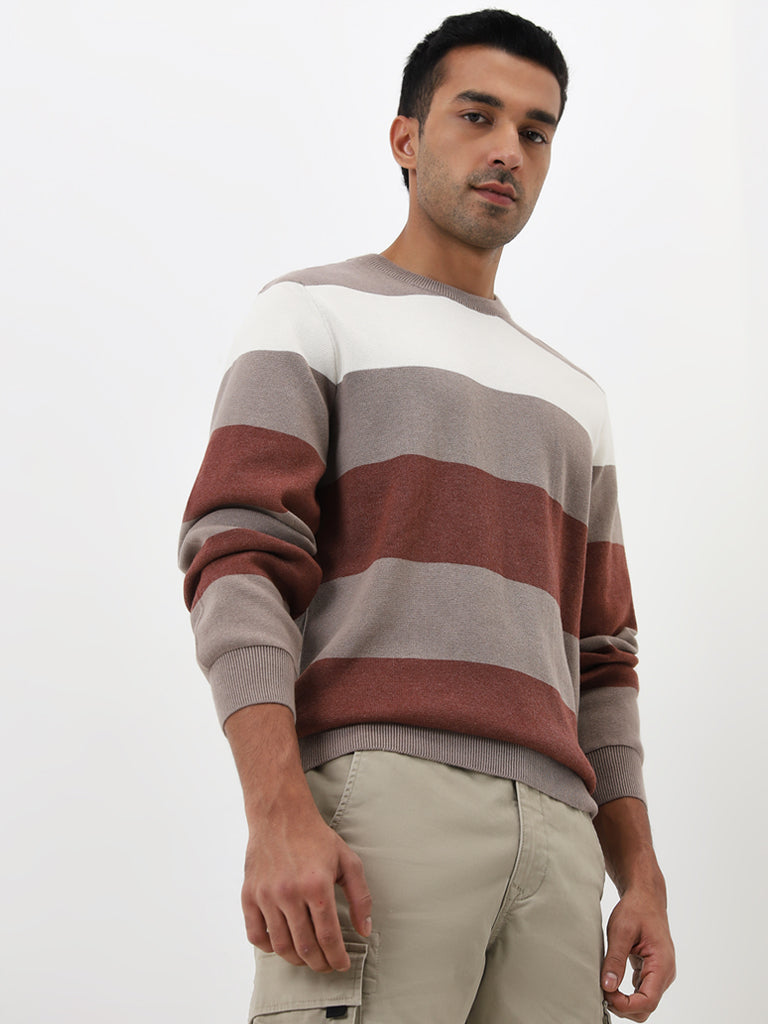 WES Casuals Rust Colour-Blocked Slim-Fit Sweater