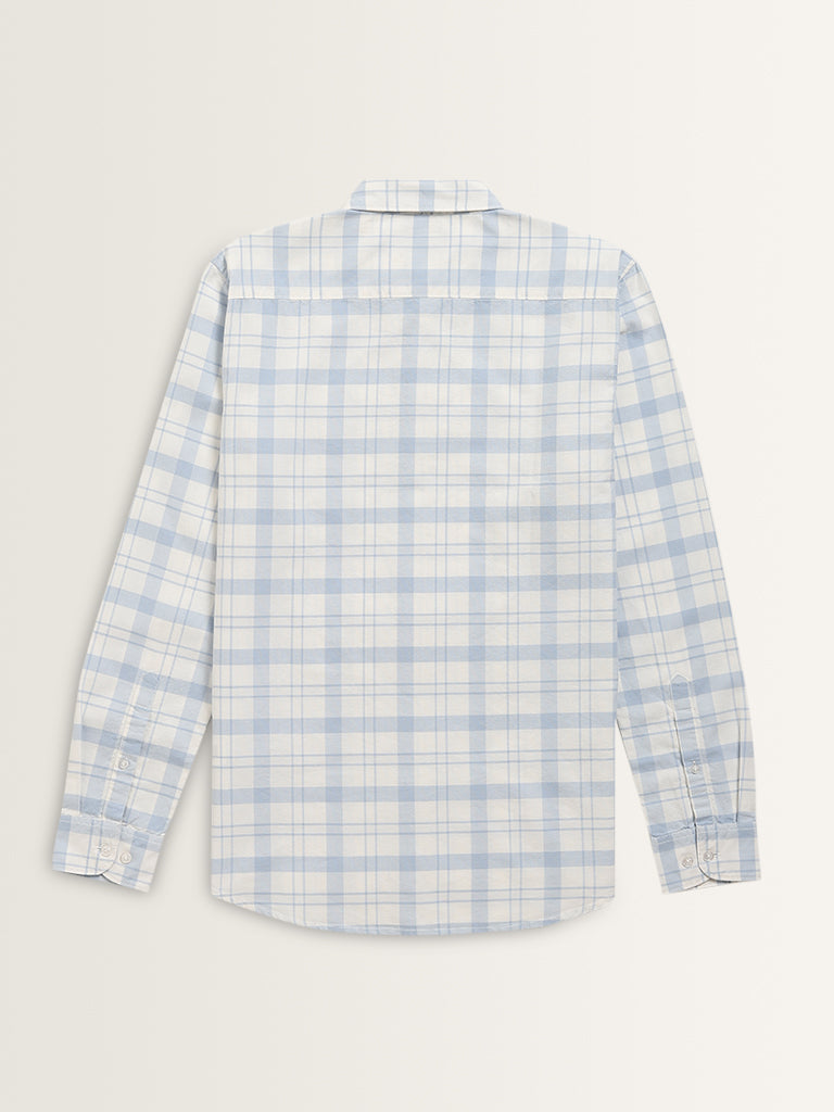 WES Casuals Light Blue Checkered Slim-Fit Cotton Shirt