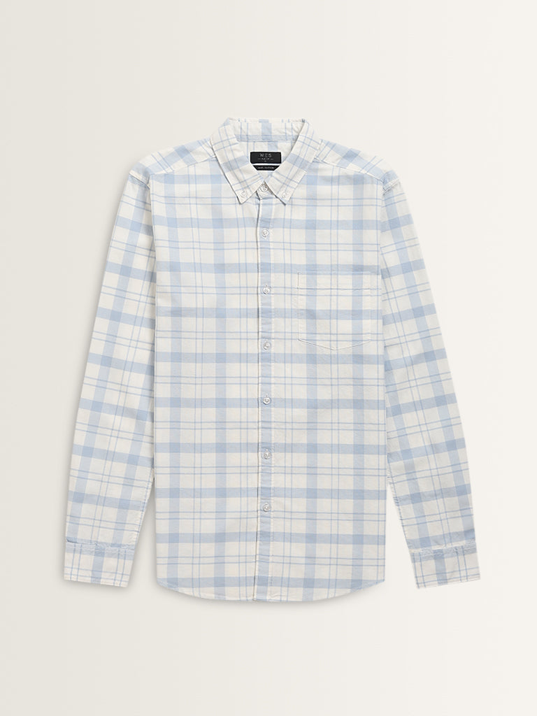 WES Casuals Light Blue Checkered Slim-Fit Cotton Shirt