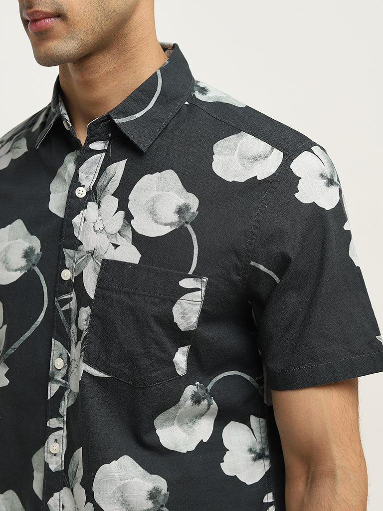 WES Casuals Charcoal Floral Design Slim-Fit Cotton Shirt