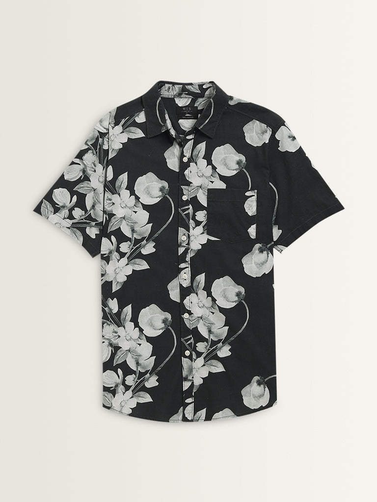 WES Casuals Charcoal Floral Design Slim-Fit Cotton Shirt