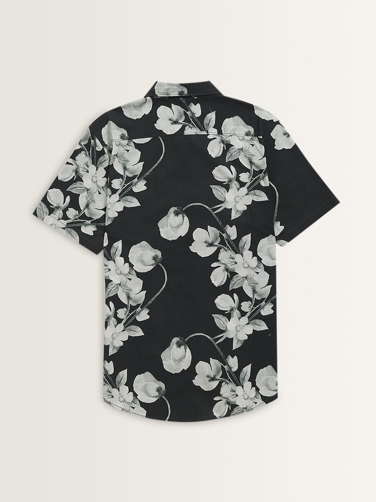 WES Casuals Charcoal Floral Design Slim-Fit Cotton Shirt