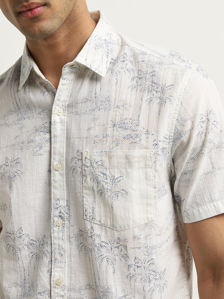 WES Casuals White Tropical-Inspired Slim-Fit Cotton Shirt