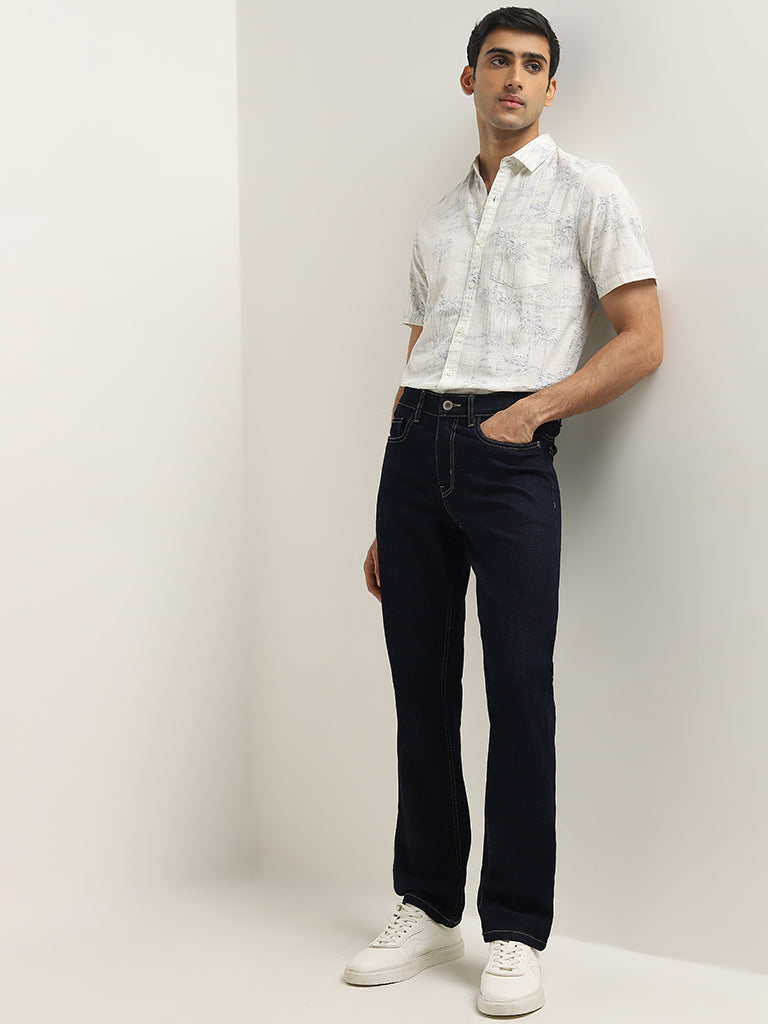 WES Casuals White Tropical-Inspired Slim-Fit Cotton Shirt