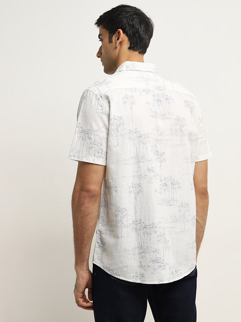 WES Casuals White Tropical-Inspired Slim-Fit Cotton Shirt