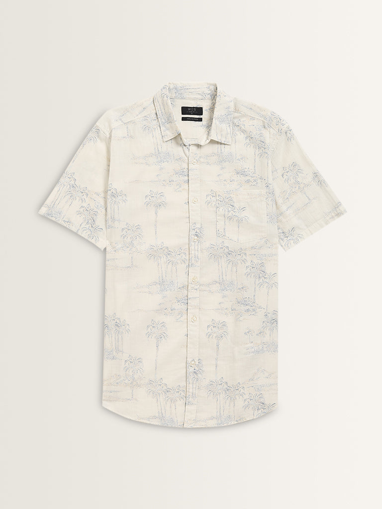 WES Casuals White Tropical-Inspired Slim-Fit Cotton Shirt