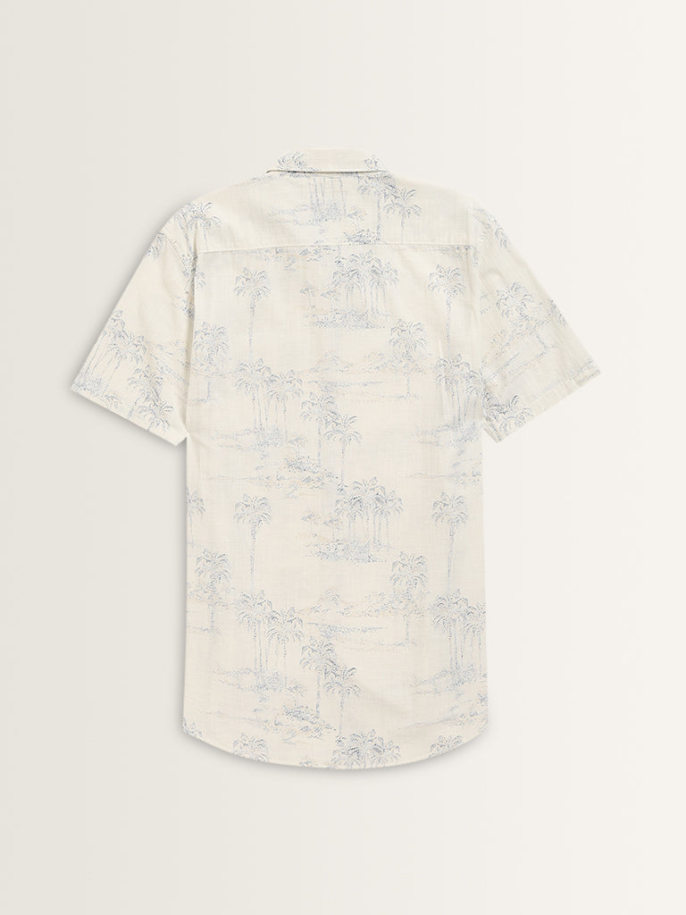 WES Casuals White Tropical-Inspired Slim-Fit Cotton Shirt