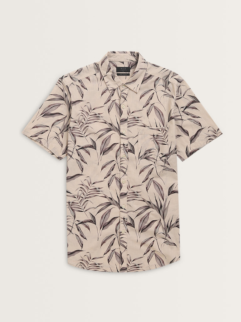 WES Casuals Beige Leaf Printed Slim-Fit Cotton Shirt