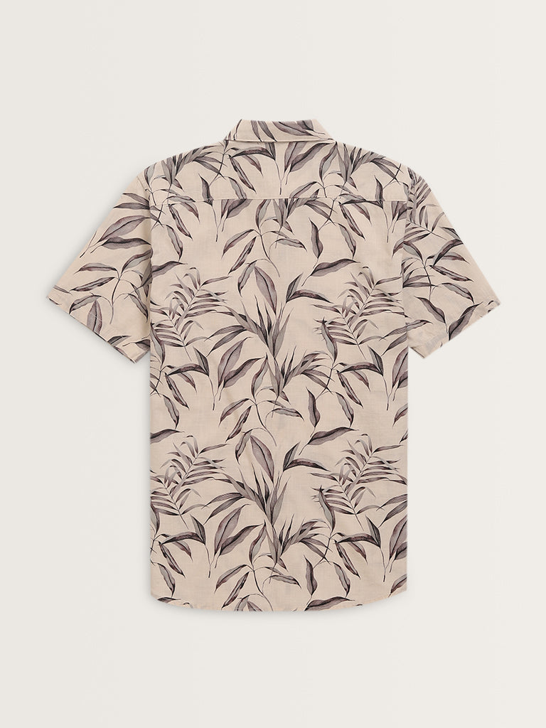 WES Casuals Beige Leaf Printed Slim-Fit Cotton Shirt