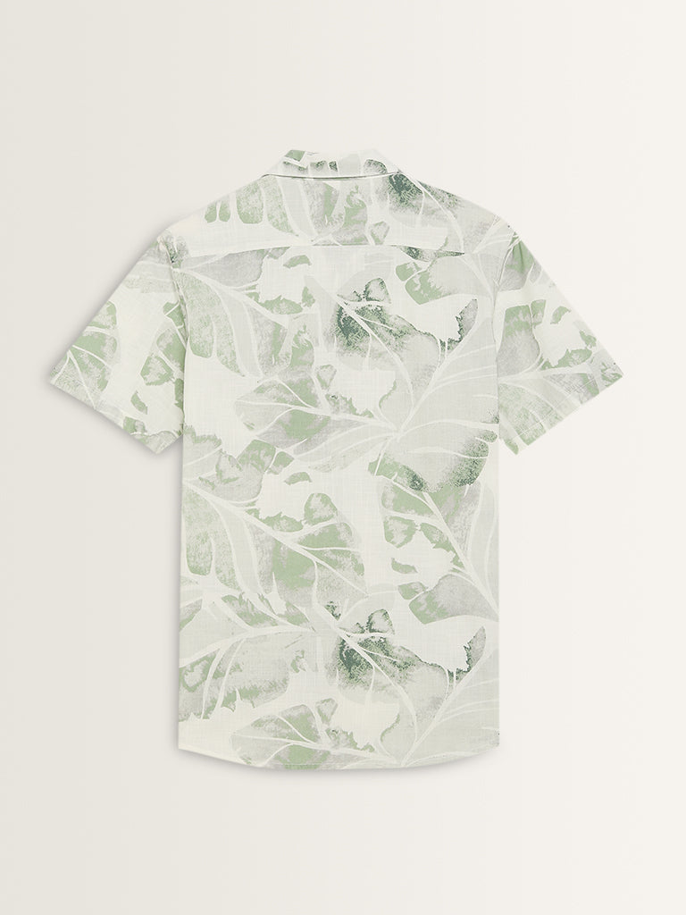 WES Casuals Sage Leaf Printed Slim-Fit Cotton Shirt