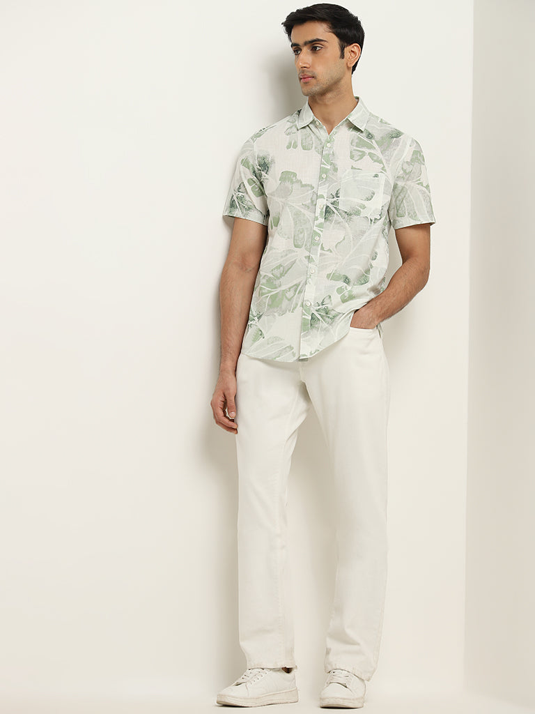 WES Casuals Sage Leaf Printed Slim-Fit Cotton Shirt