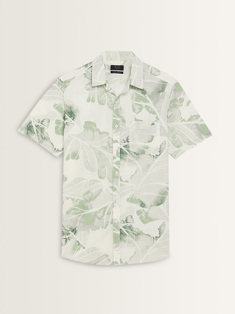 WES Casuals Sage Leaf Printed Slim-Fit Cotton Shirt