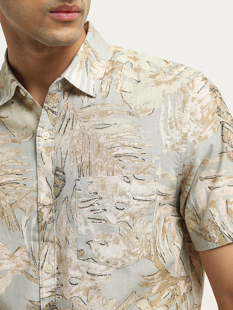 WES Casuals Beige Leaf Printed Slim-Fit Cotton Shirt