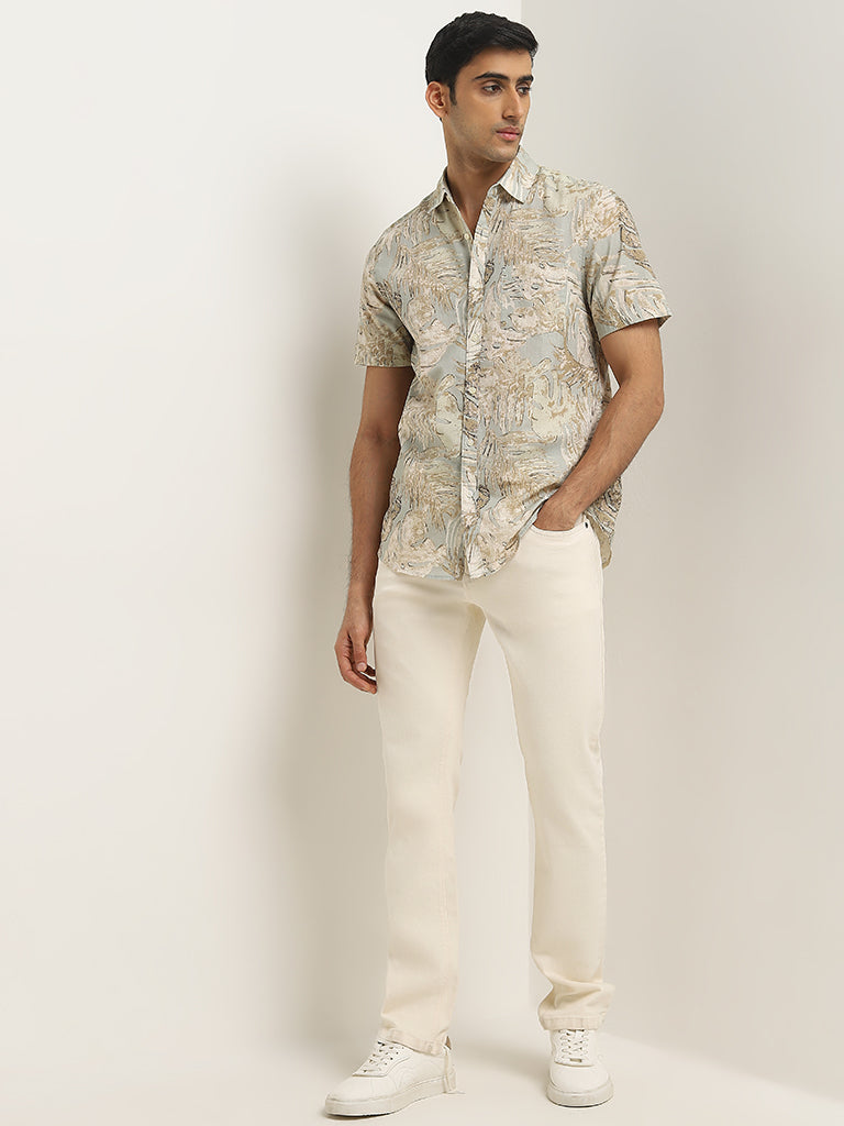 WES Casuals Beige Leaf Printed Slim-Fit Cotton Shirt