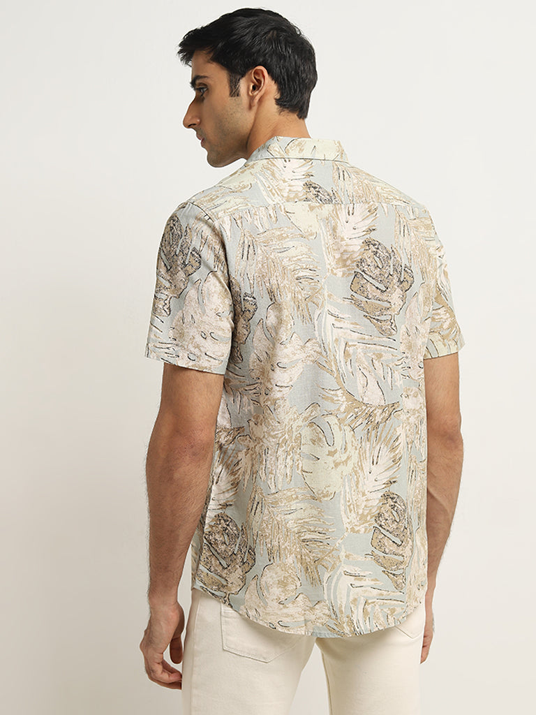 WES Casuals Beige Leaf Printed Slim-Fit Cotton Shirt