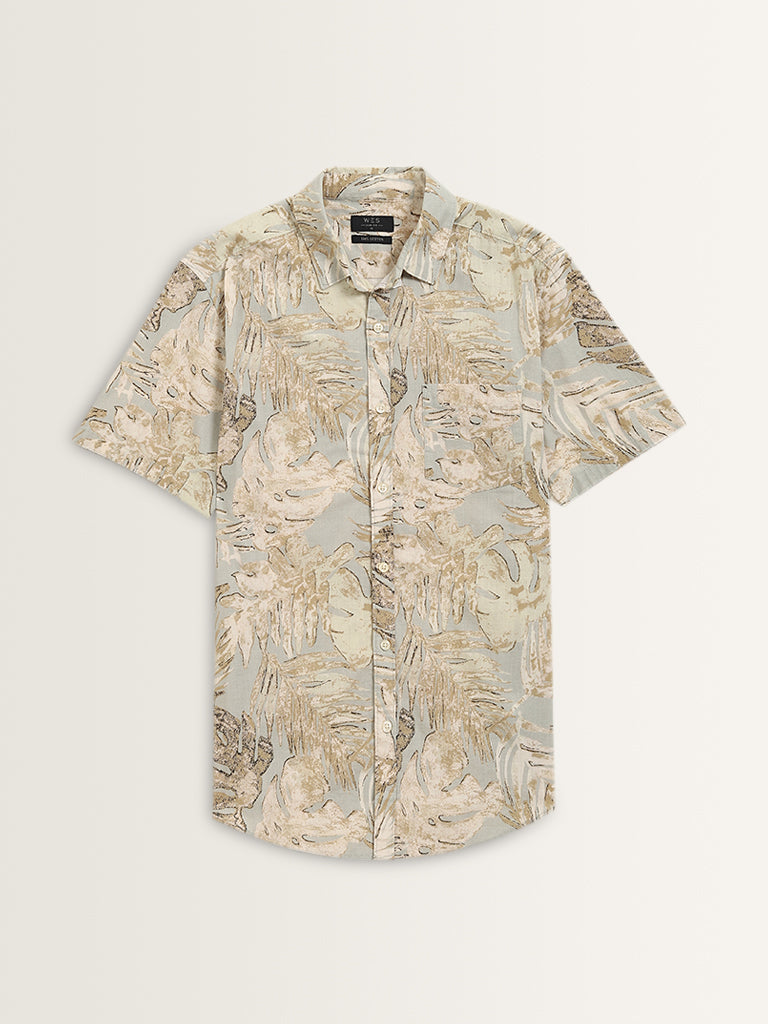 WES Casuals Beige Leaf Printed Slim-Fit Cotton Shirt