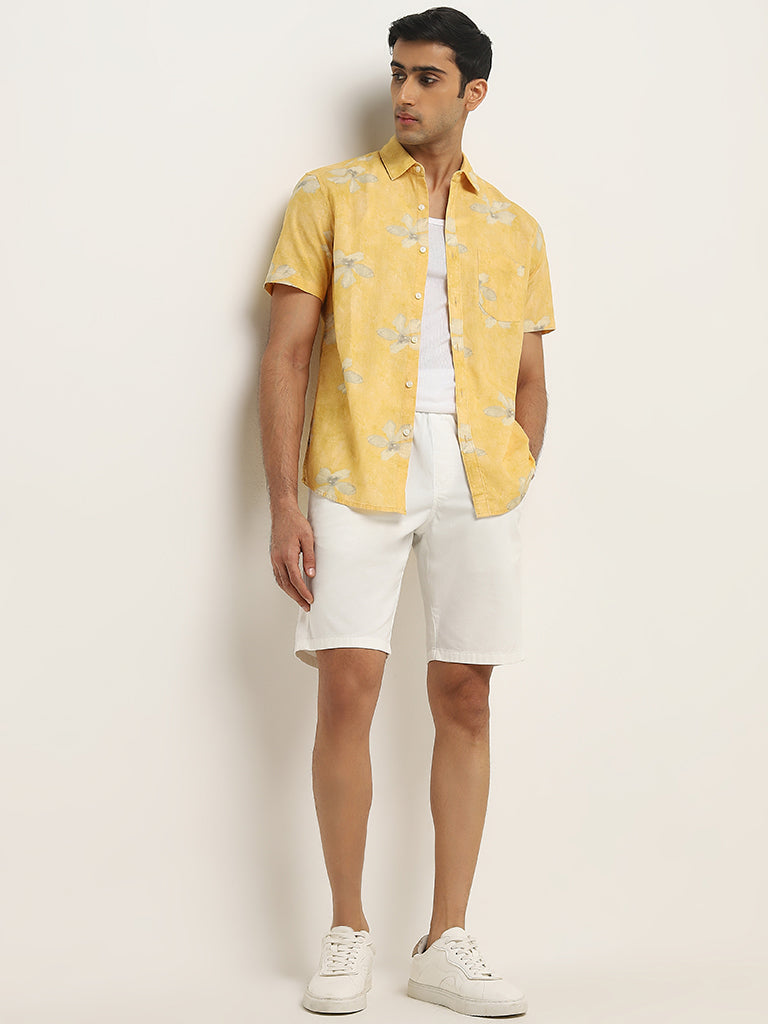 WES Casuals Mustard Floral Printed Slim-Fit Cotton Shirt