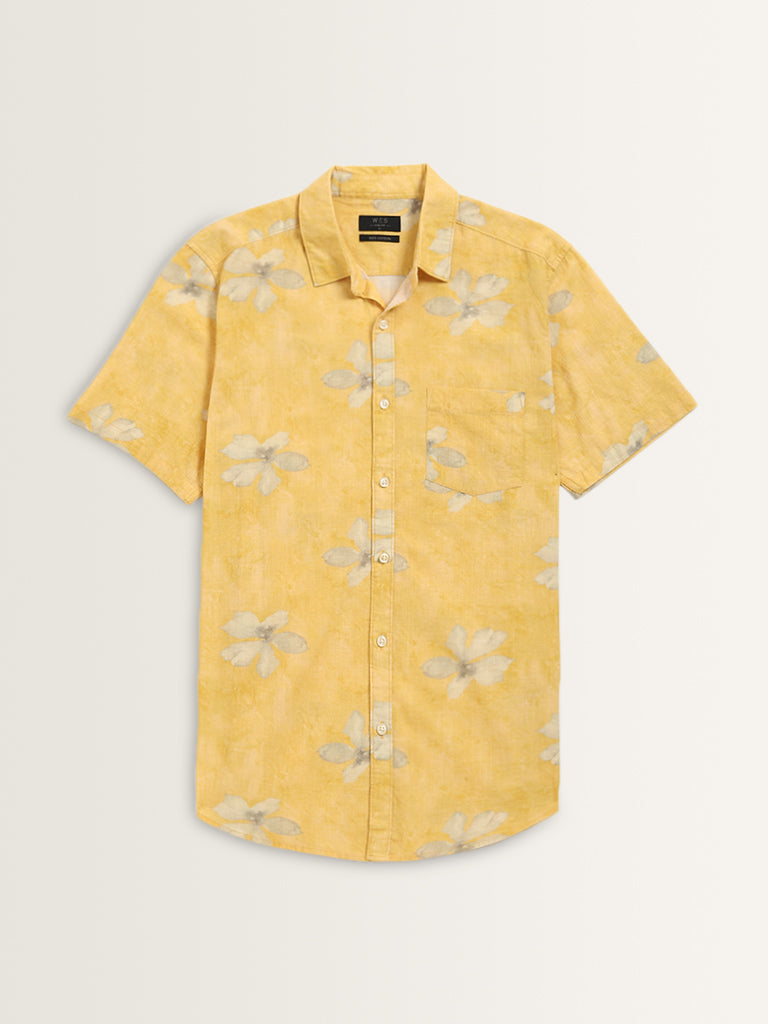 WES Casuals Mustard Floral Printed Slim-Fit Cotton Shirt