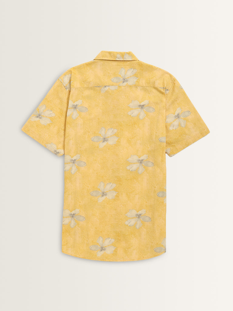 WES Casuals Mustard Floral Printed Slim-Fit Cotton Shirt